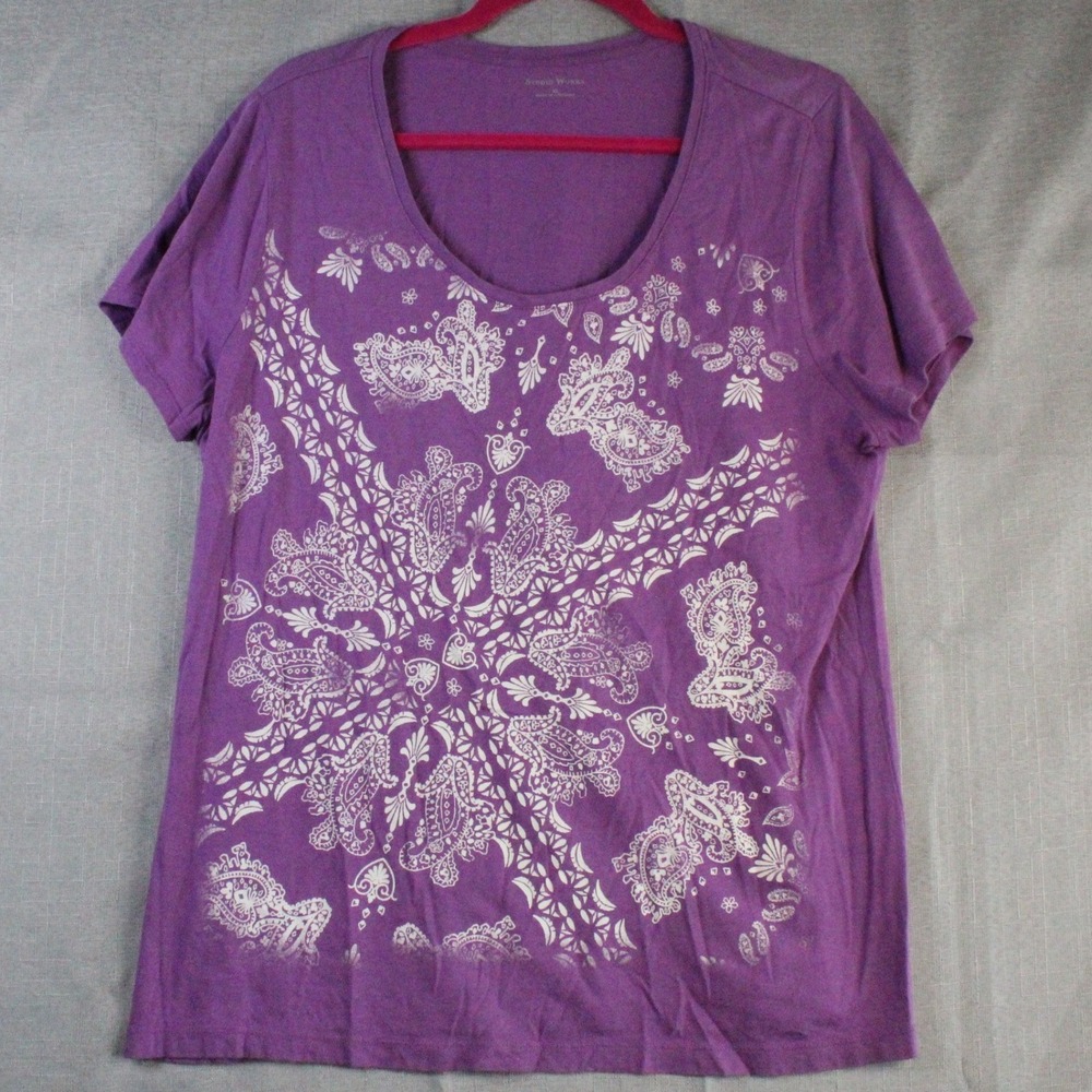 Studio Works Purple Paisley Graphic T-Shirt XL Silver Metallic Boho Minimalist